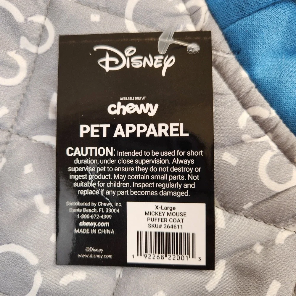 Disney Chewy Mickey Mouse Pet‎ Puffer Coat Gray Blue XL Dog Jacket SKU 264611
